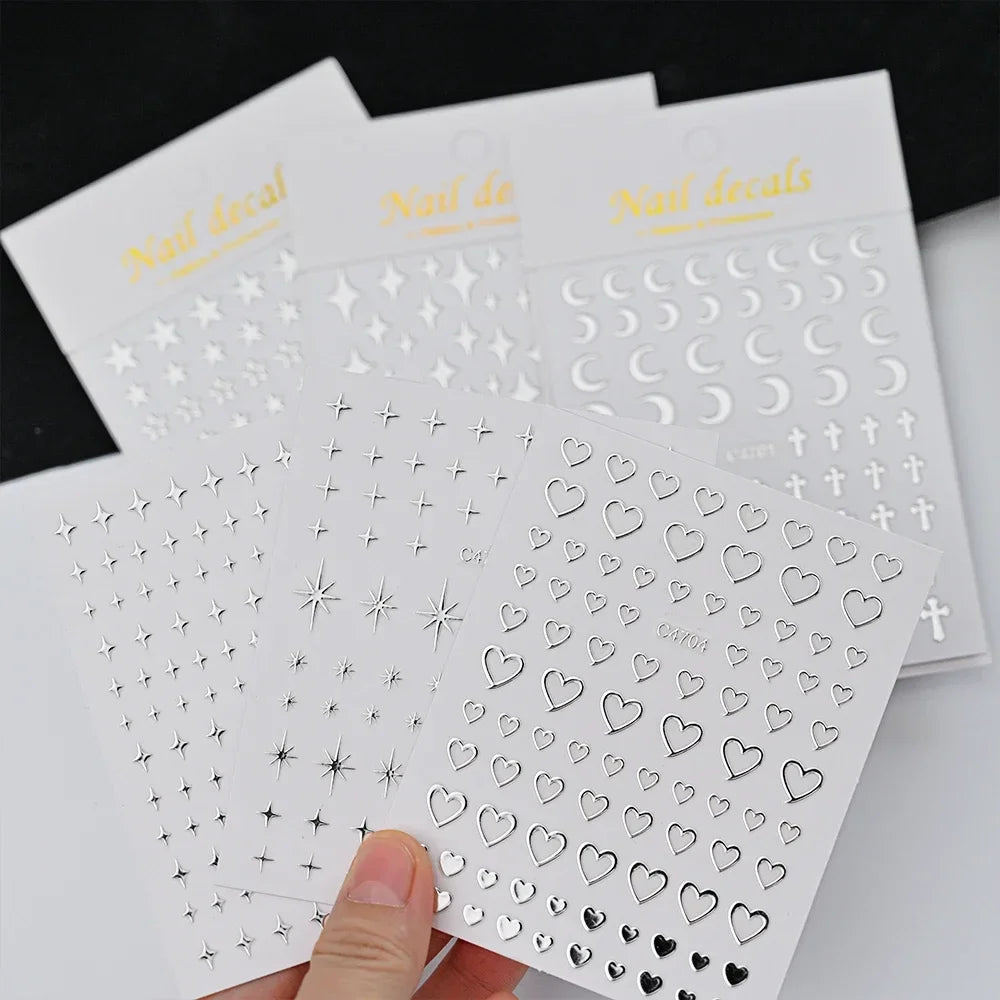 Metallic 3D Silver Nail Art Stickers – 6-Sheet Set of Stars, Hearts & Chains