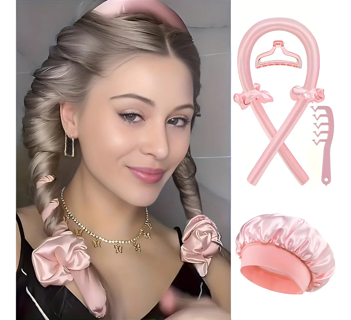 Premium Heatless Hair Curler Set with Satin Sleep Bonnet – 6-Piece Overnight Styling Kit