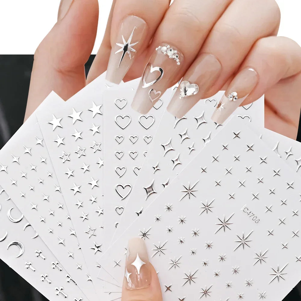 Metallic 3D Silver Nail Art Stickers – 6-Sheet Set of Stars, Hearts & Chains