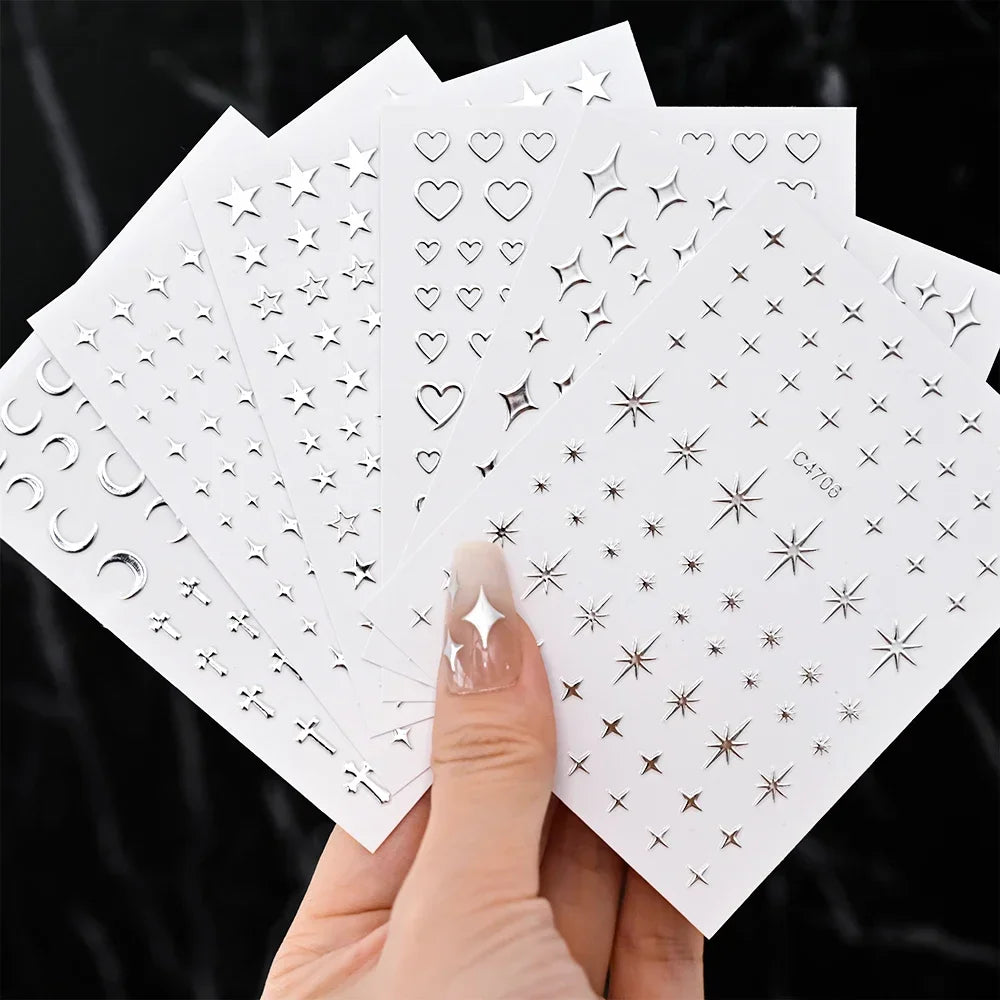 Metallic 3D Silver Nail Art Stickers – 6-Sheet Set of Stars, Hearts & Chains