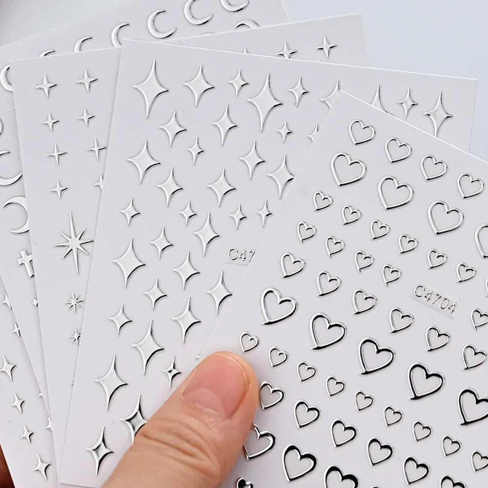 Metallic 3D Silver Nail Art Stickers – 6-Sheet Set of Stars, Hearts & Chains