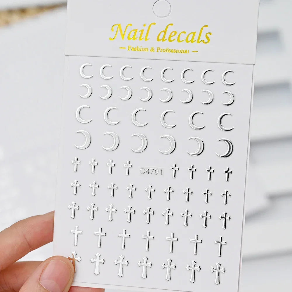 Metallic 3D Silver Nail Art Stickers – 6-Sheet Set of Stars, Hearts & Chains